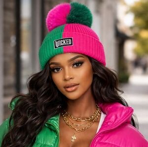 Universal Studios Wicked Pink and Green Beanie with Pom Pom
